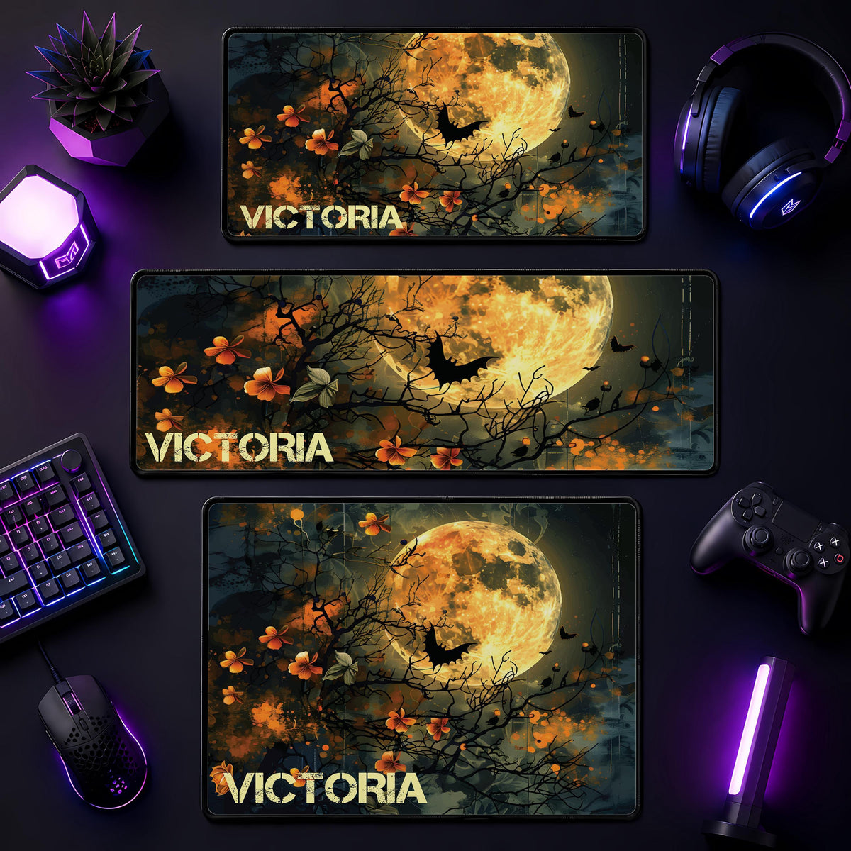Personalized Halloween Desk Mat, Spooky Full Moon Mouse Pad, Gothic Workspace Accessory