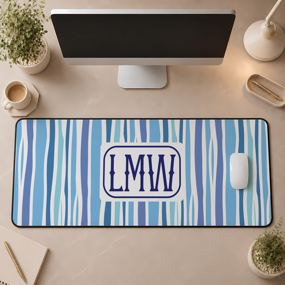 Personalized Monogram Desk Mat, Preppy Wavy Striped Mouse Pad