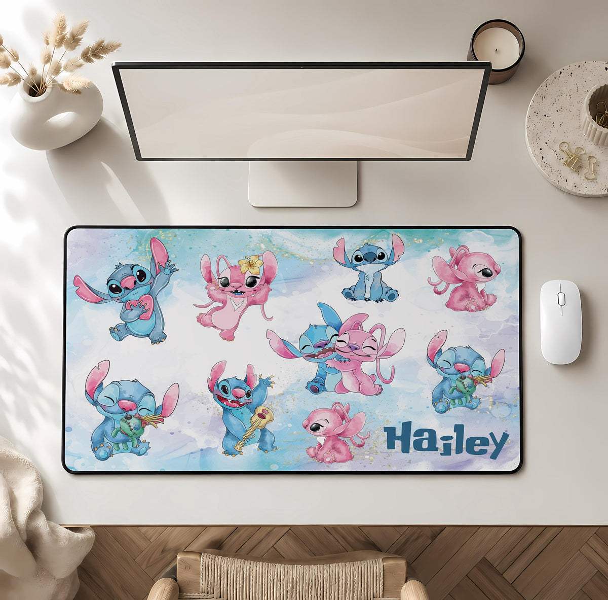 Custom Name Cute Pink and Blue Monster Desk Mat, Kids Room Mouse Pad