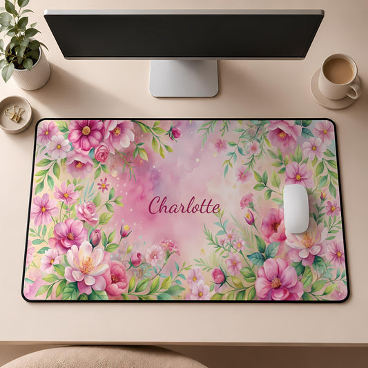 Personalized Floral Desk Mat, Watercolor Pink Flower Mouse Pad, Spring Workspace Decor