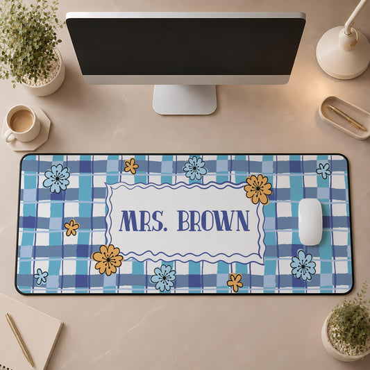 Personalized Teacher Desk Mat, Floral Gingham Workspace Accessory, Preppy Office Decor