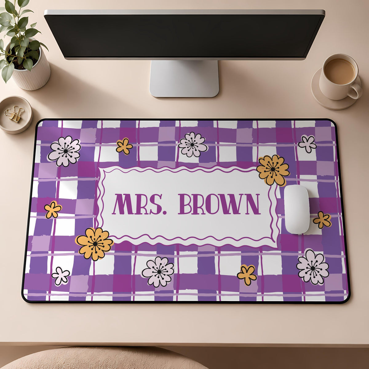 Personalized Teacher Desk Mat, Floral Gingham Workspace Accessory, Preppy Office Decor