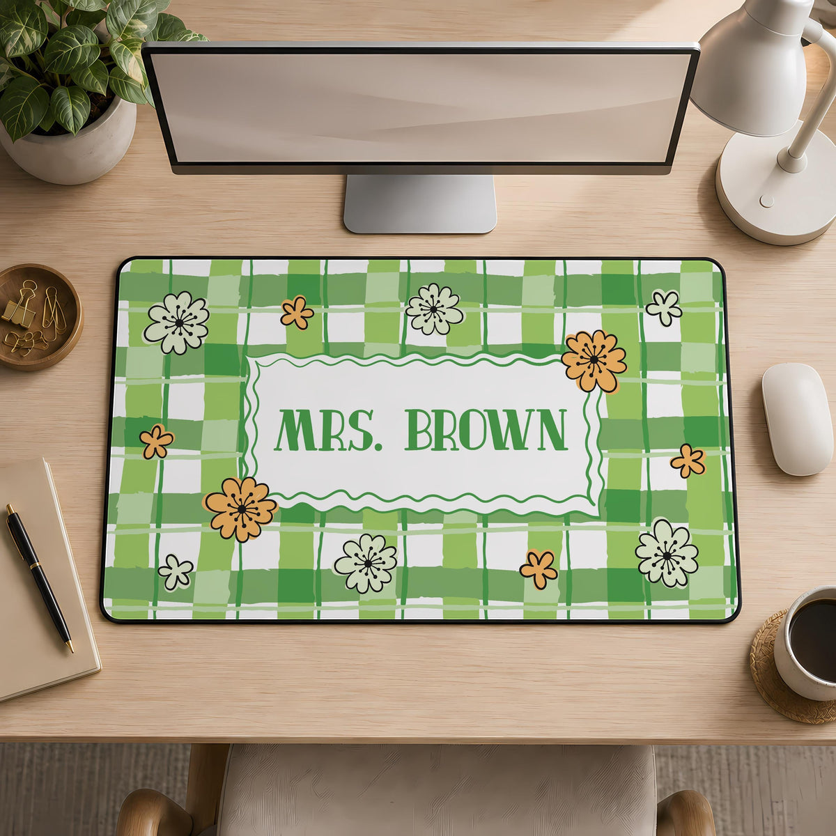 Personalized Teacher Desk Mat, Floral Gingham Workspace Accessory, Preppy Office Decor