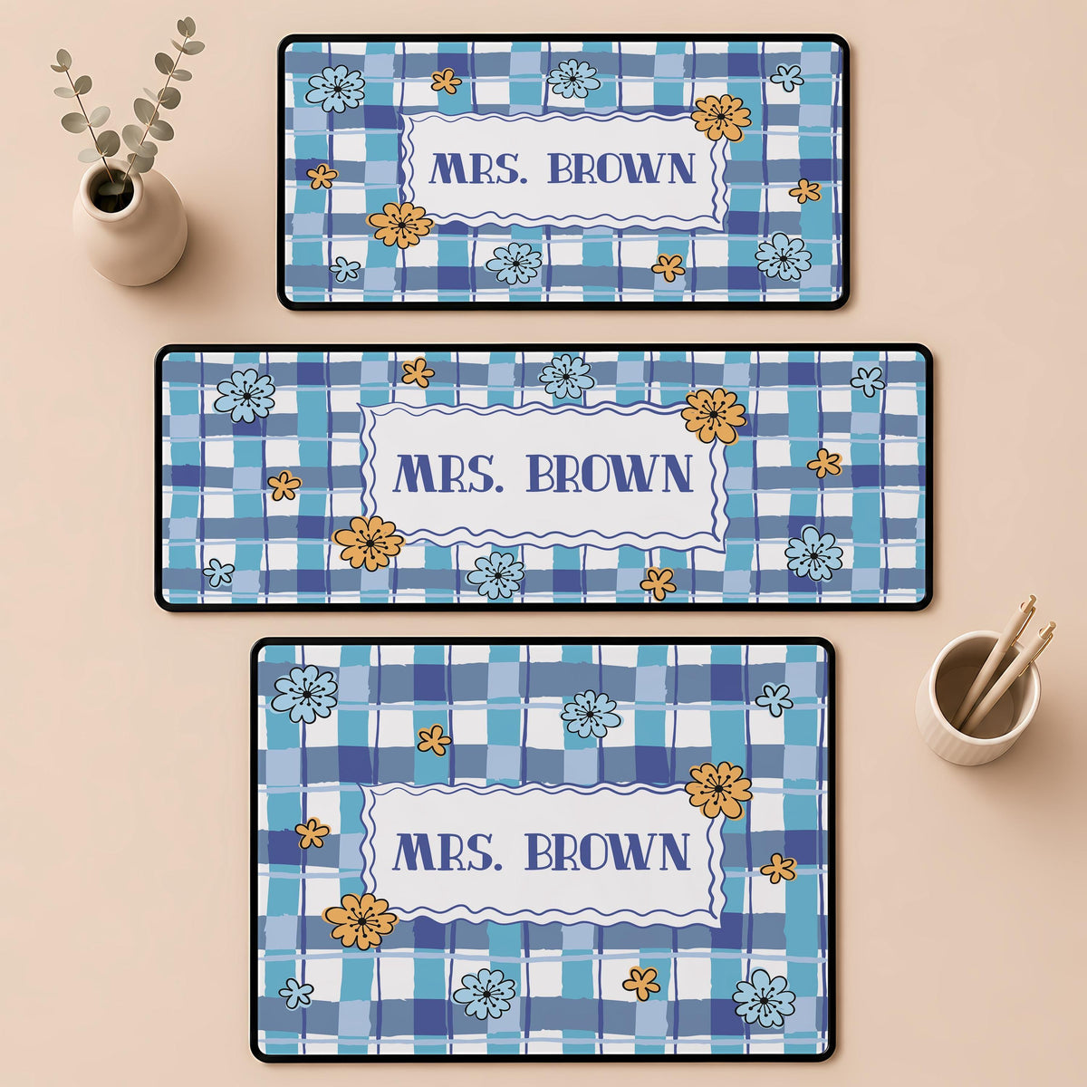 Personalized Teacher Desk Mat, Floral Gingham Workspace Accessory, Preppy Office Decor