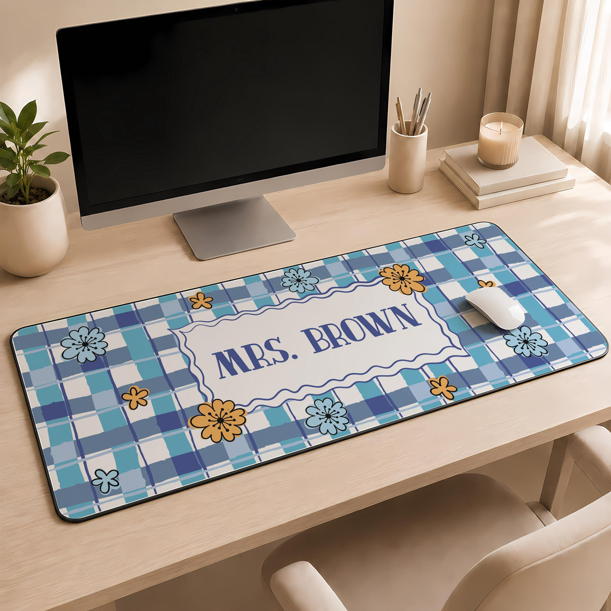 Personalized Teacher Desk Mat, Floral Gingham Workspace Accessory, Preppy Office Decor