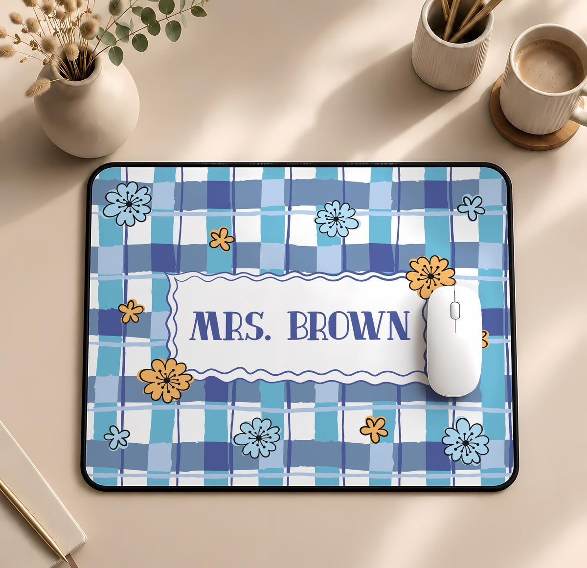 Personalized Teacher Desk Mat, Floral Gingham Workspace Accessory, Preppy Office Decor