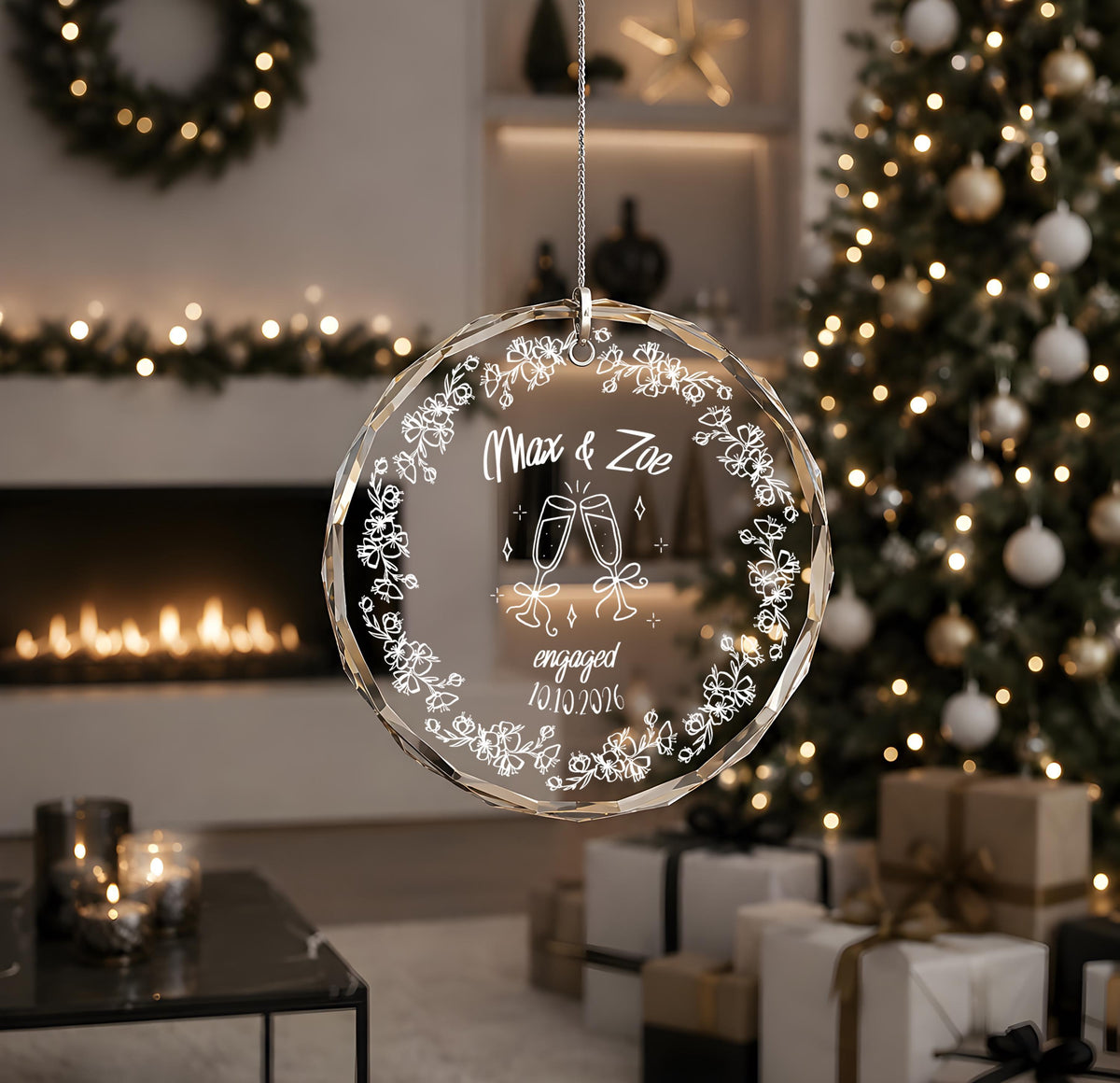 Personalized Engraved Engagement Round Ornament, Cute Champagne Glass Design Engaged Keepsake