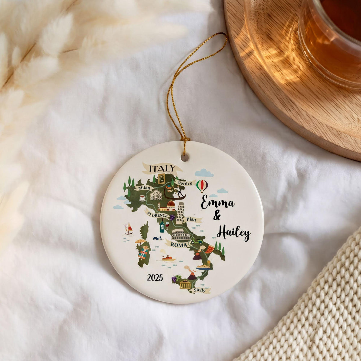 Custom Name Italy Map Ornament, Europe Travel Ceramic Souvenir, Couple Honeymoon Trip Keepsake