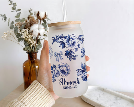 Custom Name Blue Floral Bridal Party Bamboo Lid Cup Tumbler