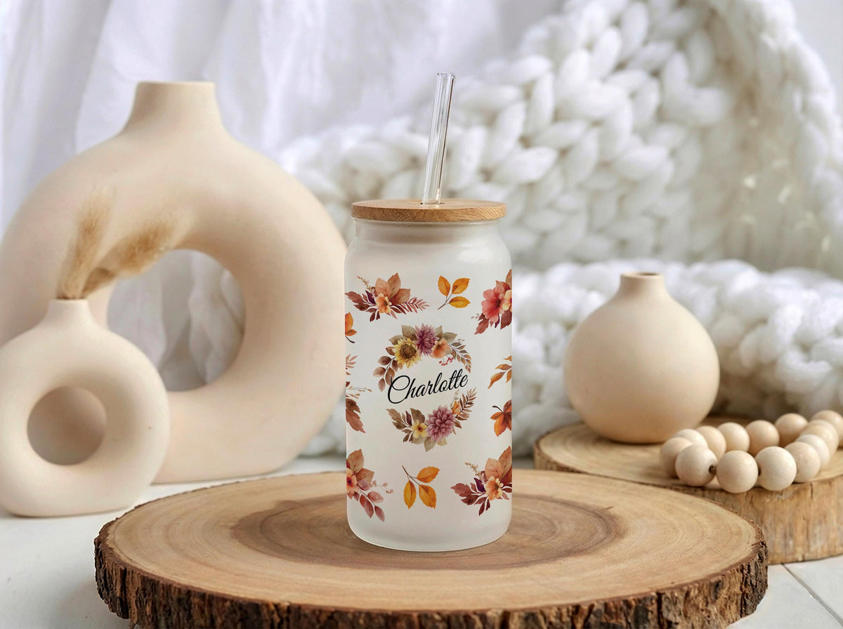 Personalized Boho Floral Glass Tumbler, Custom Name Iced Coffee Cup