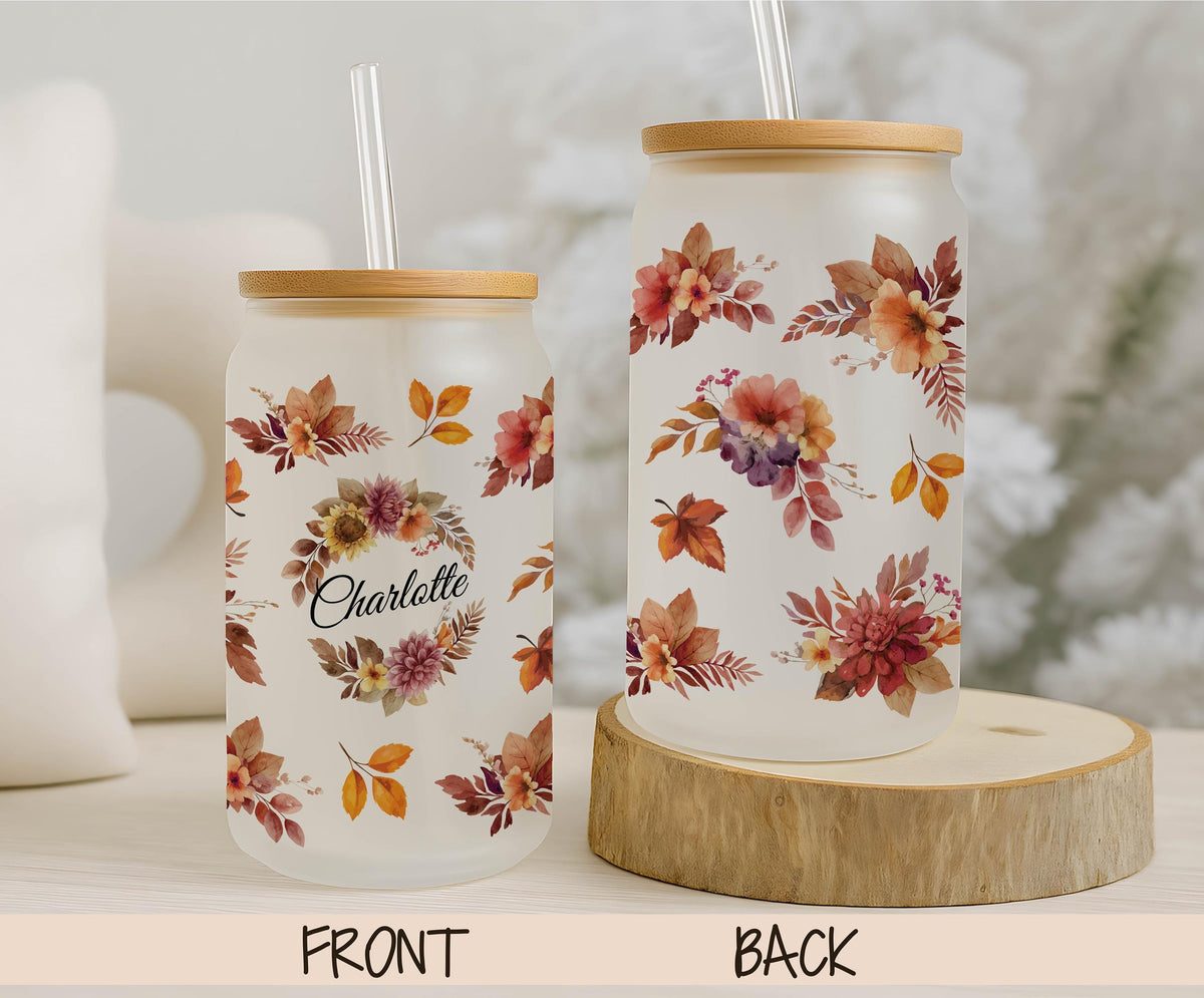Personalized Boho Floral Glass Tumbler, Custom Name Iced Coffee Cup