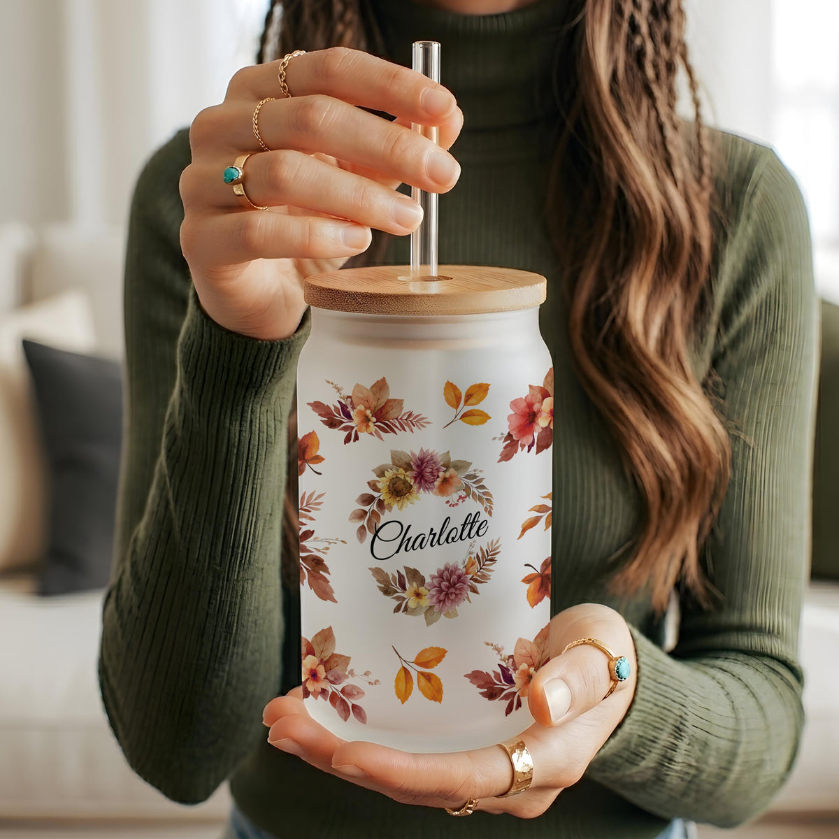 Personalized Boho Floral Glass Tumbler, Custom Name Iced Coffee Cup