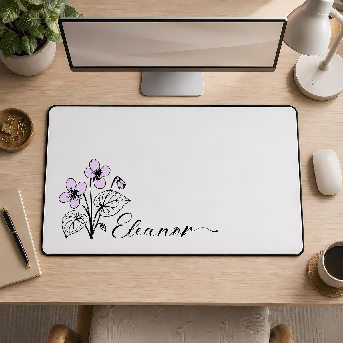 Custom Name & Birth Month Flower Desk Mat, Minimalist Floral Mousepad, Elegant Coworker Gift
