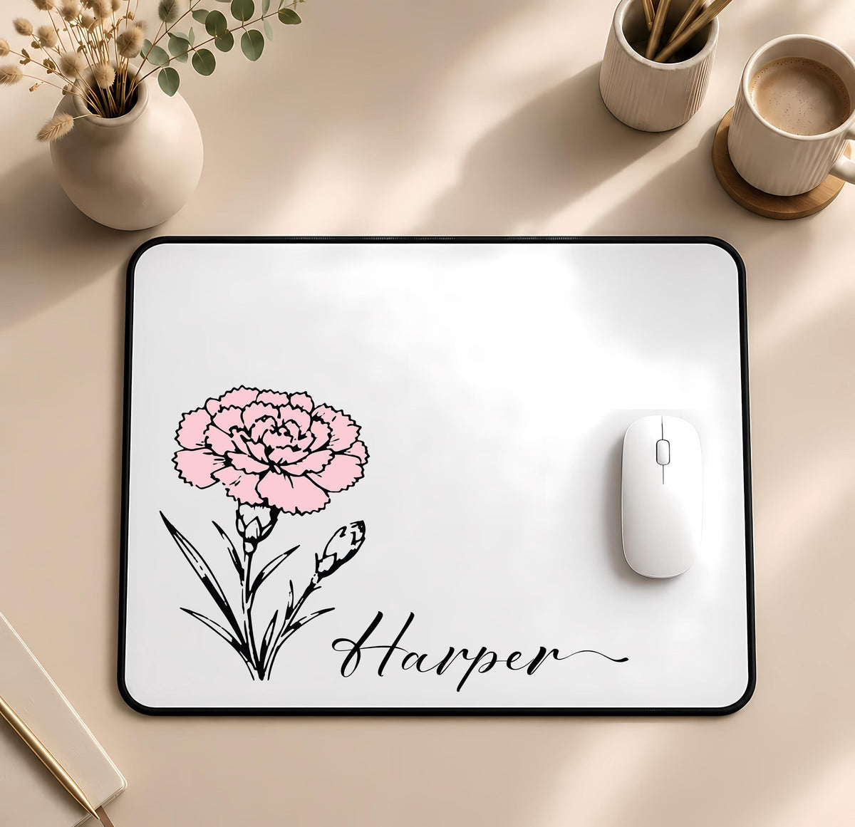 Custom Name & Birth Month Flower Desk Mat, Minimalist Floral Mousepad, Elegant Coworker Gift