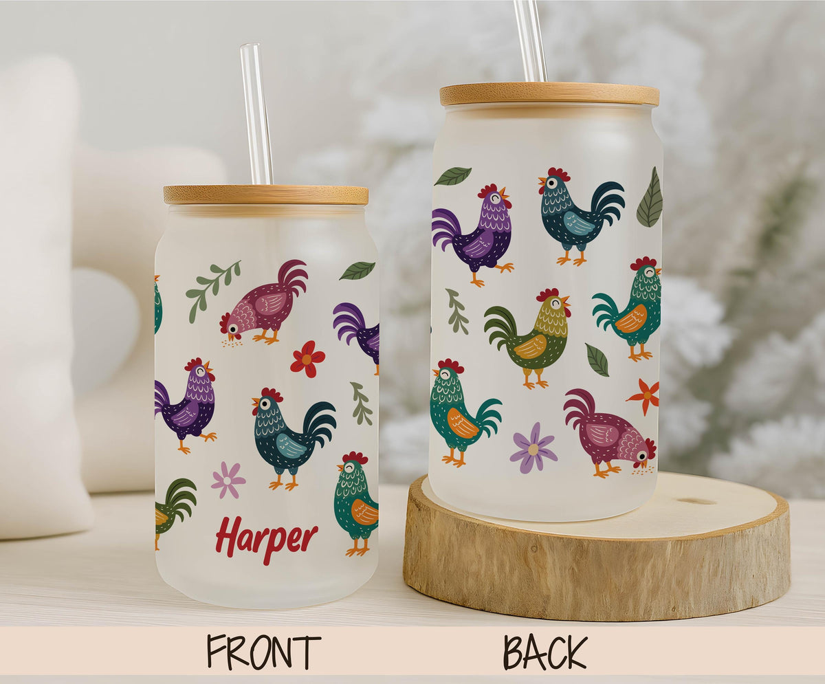 Custom Name Chicken Theme Cup With Bamboo Lid & Straw, Colorful Hen Rooster Iced Coffee Cup Tumbler