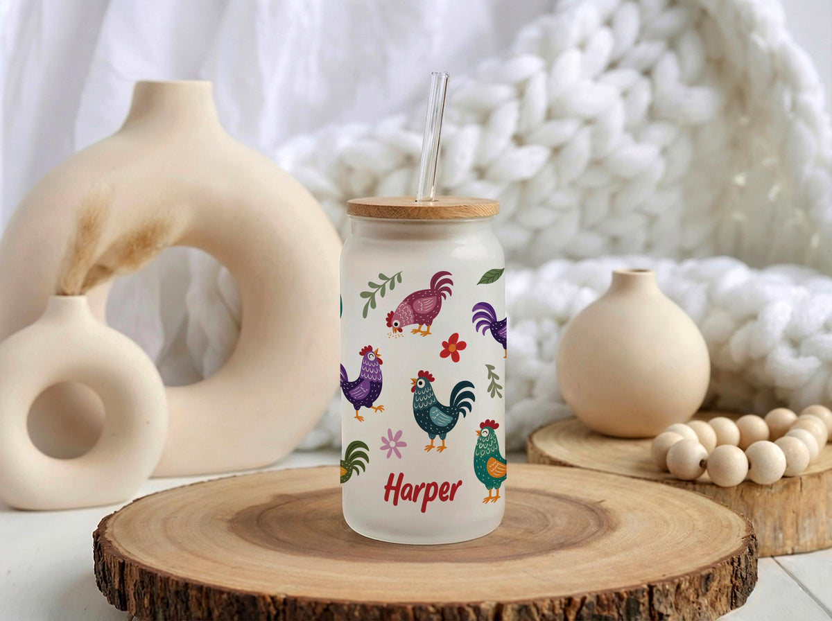 Custom Name Chicken Theme Cup With Bamboo Lid & Straw, Colorful Hen Rooster Iced Coffee Cup Tumbler