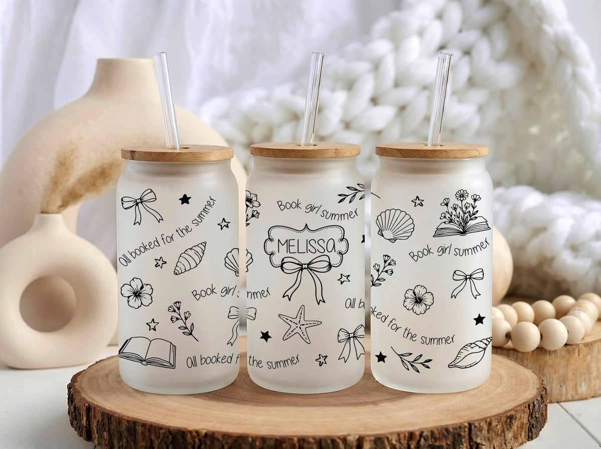 Personalized Iced Coffee Glass Tumbler, Bookworm Summer Vibes Can Cup