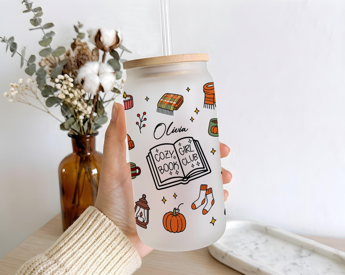 Personalized Glass Can Tumbler, Cozy Book Club Fall Iced Coffee Cup