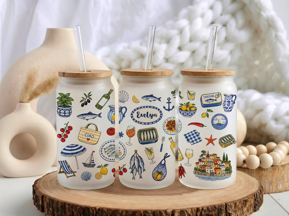 Personalized Italian Summer Can Glass, Amalfi Coast Citrus Design, Mediterranean Travel Tumbler