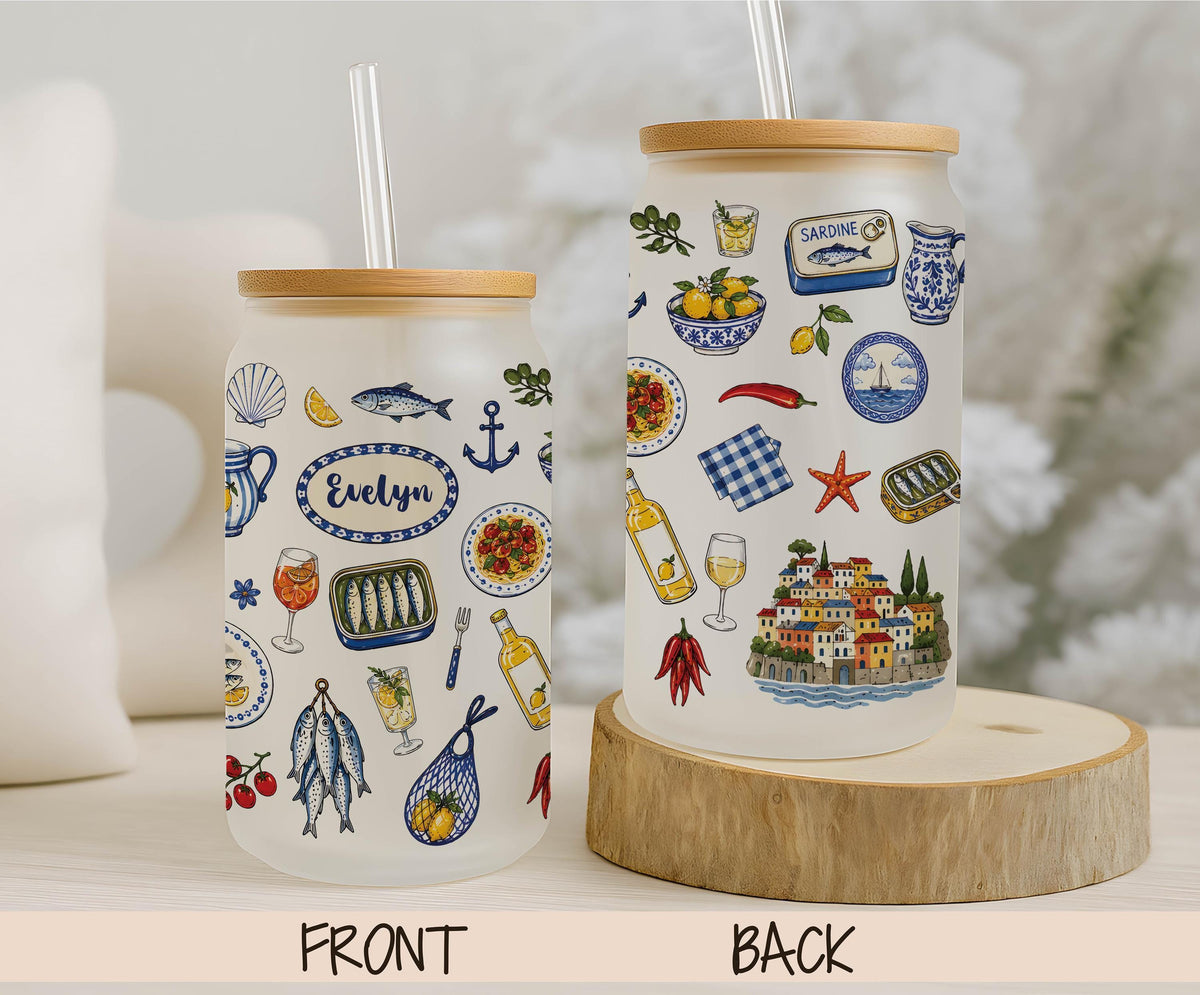Personalized Italian Summer Can Glass, Amalfi Coast Citrus Design, Mediterranean Travel Tumbler