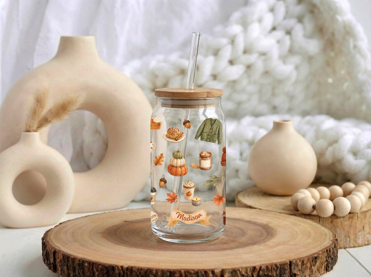 Personalized Fall Vibes Glass Can Tumbler, Bamboo Lid Cup, Autumn Drinkware