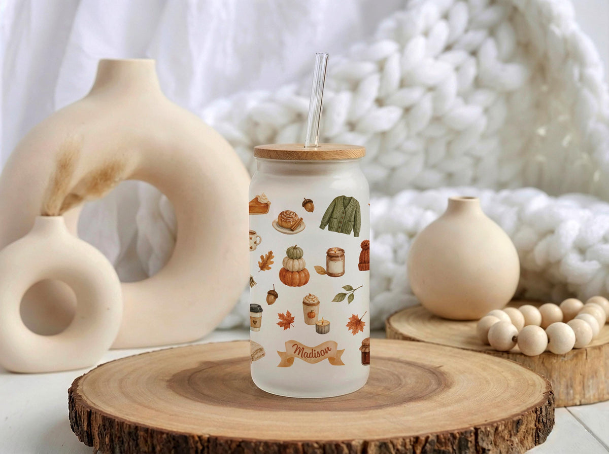 Personalized Fall Vibes Glass Can Tumbler, Bamboo Lid Cup, Autumn Drinkware
