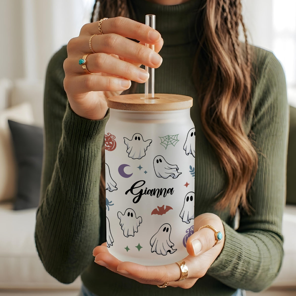 Personalized Ghost Halloween Tumbler, Custom Name Spooky Season Glass Cup