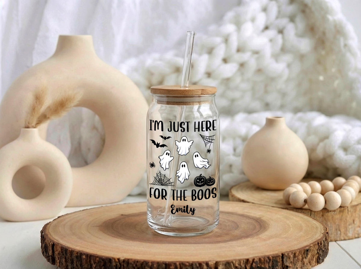 Personalized Halloween Glass Can Tumbler, Spooky Ghost I'm Just Here for Boos Cup