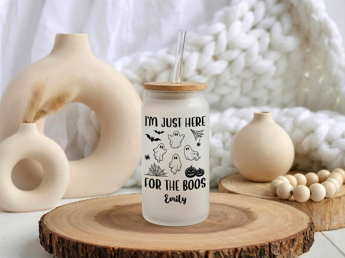 Personalized Halloween Glass Can Tumbler, Spooky Ghost I'm Just Here for Boos Cup