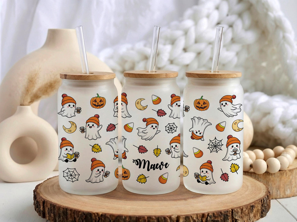 Personalized Ghost Glass Can Tumbler, Halloween Fall Vibes Cup