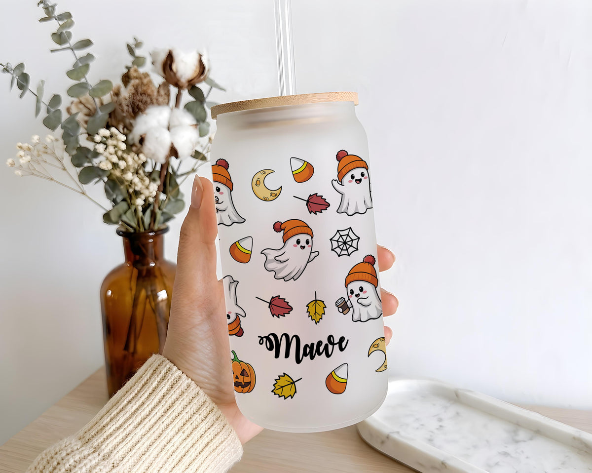 Personalized Ghost Glass Can Tumbler, Halloween Fall Vibes Cup
