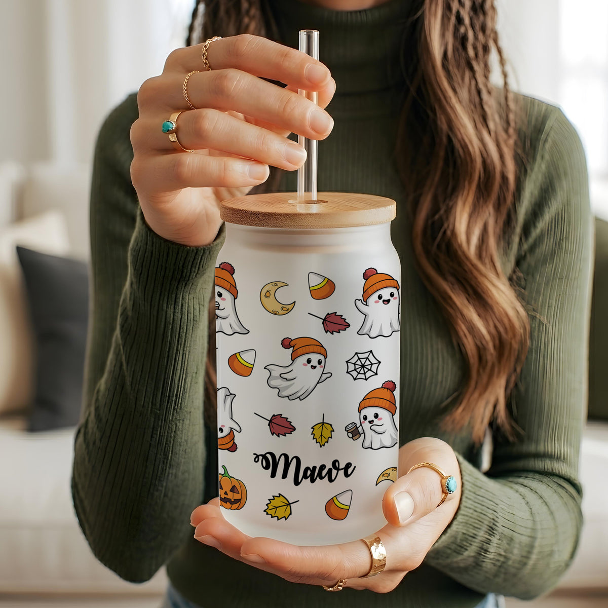 Personalized Ghost Glass Can Tumbler, Halloween Fall Vibes Cup