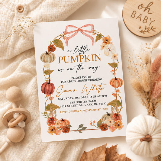 Little Pumpkin Baby Shower Invitations, Autumn Floral Printed Invites (5x7 Inches)