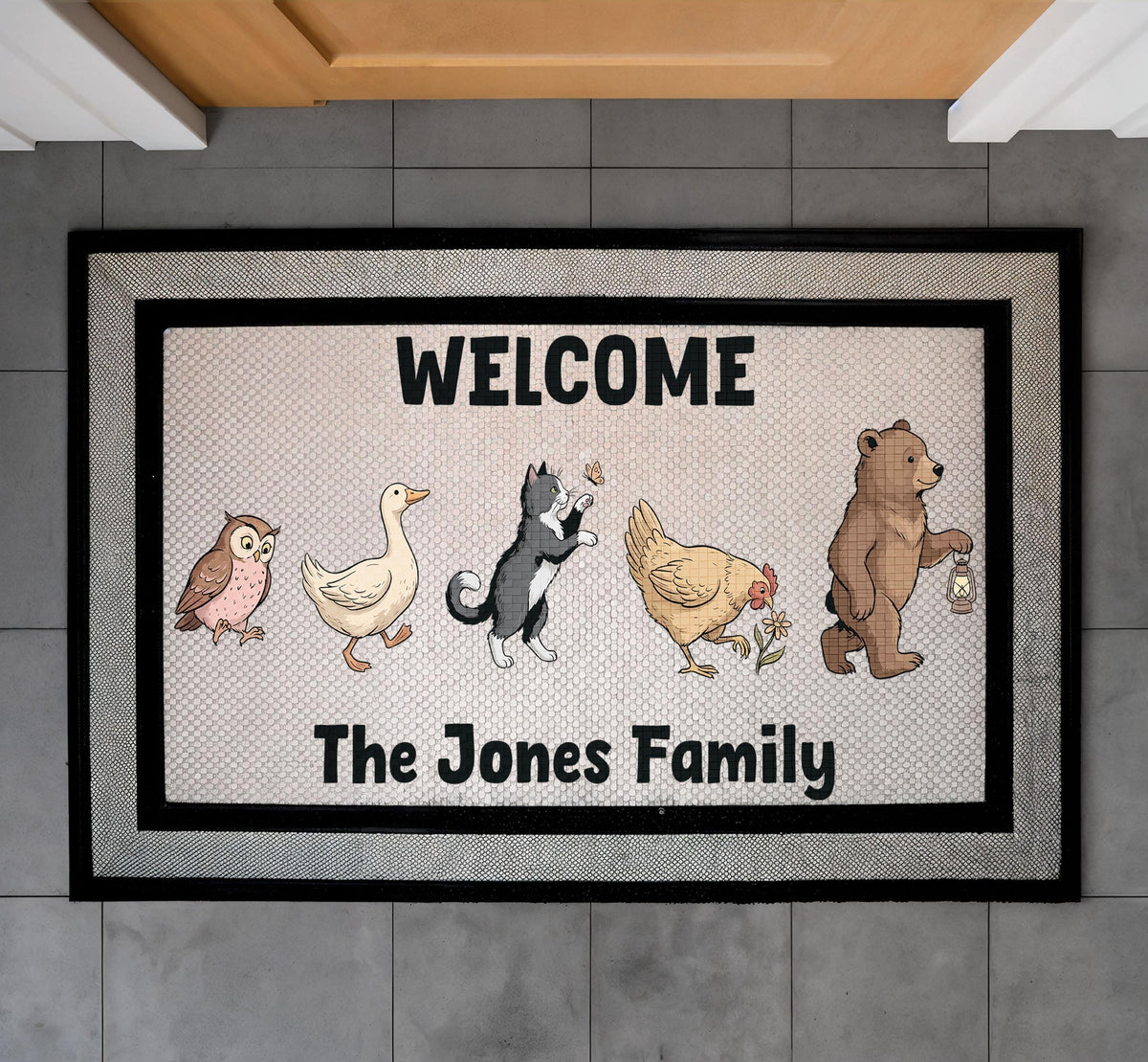 Personalized Woodland Animals Family Name Doormat, Rustic Welcome Mat