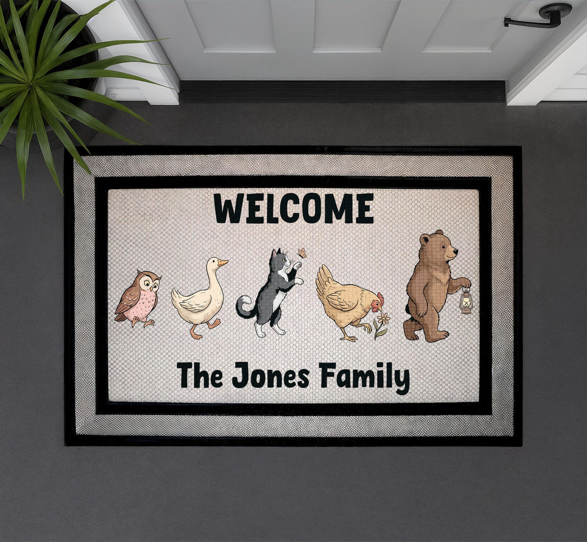 Personalized Woodland Animals Family Name Doormat, Rustic Welcome Mat