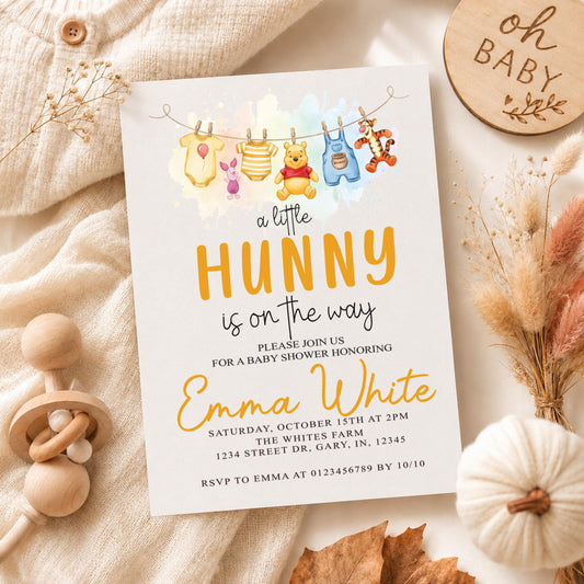 Little Hunny Bear Baby Shower Invitation, Woodland Winnie Pooh Style, Printed Invite