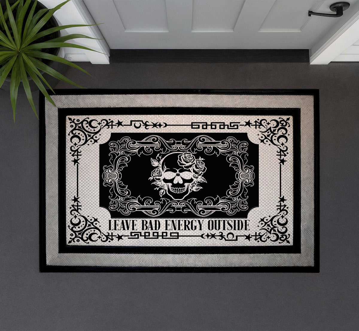Skull Gothic Doormat, Leave Bad Energy Outside Welcome Mat