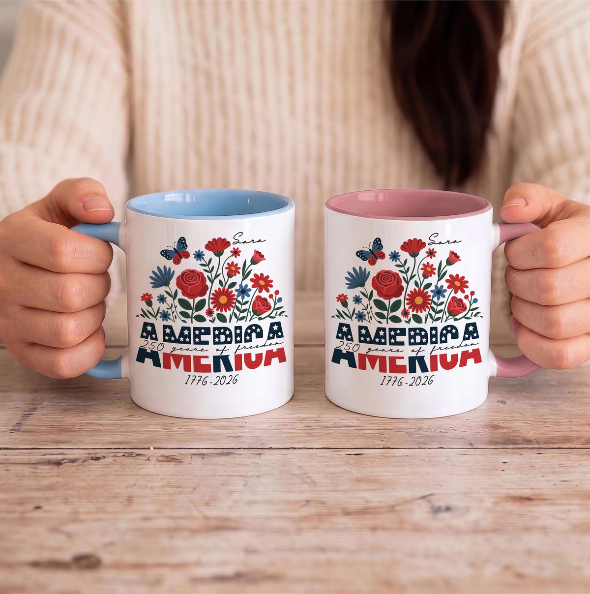 Custom Name 250 Years of Freedom Coffee Mug, Personalized Patriotic Wildflower Ceramic Cup