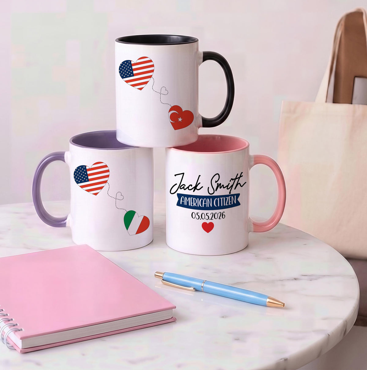 Personalized American Citizen Ceramic Mug, Custom Name & Flag Design Colorful Coffee Cup