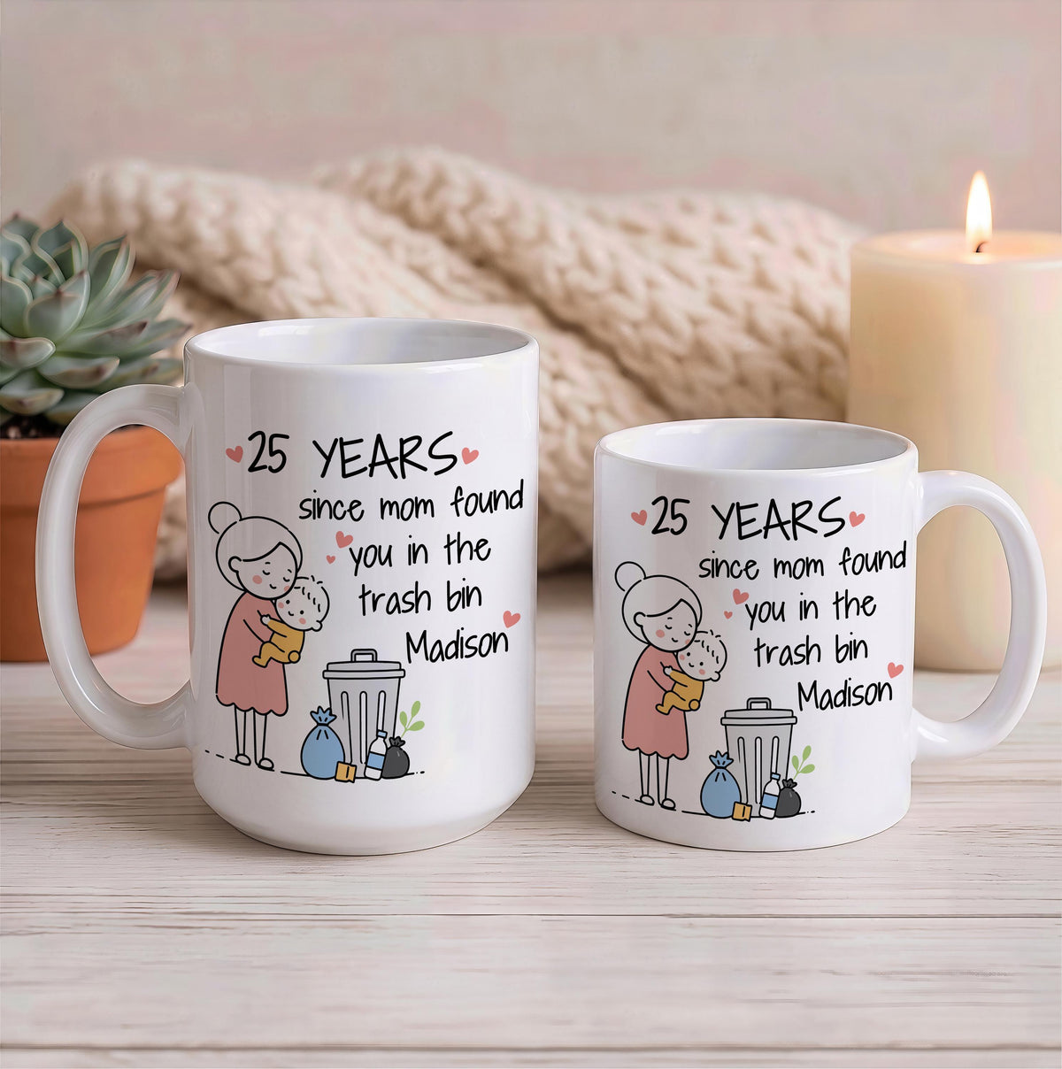 Personalized Since Mom Found You in the Trash Bin Mug, Funny Sibling Joke Colorful Coffee Cup