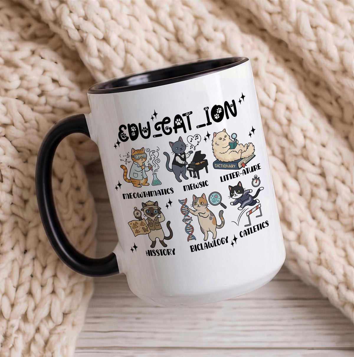 Funny Cat School Subjects Coffee Cup, Edu-cat-ion Cute Teacher Ceramic Mug