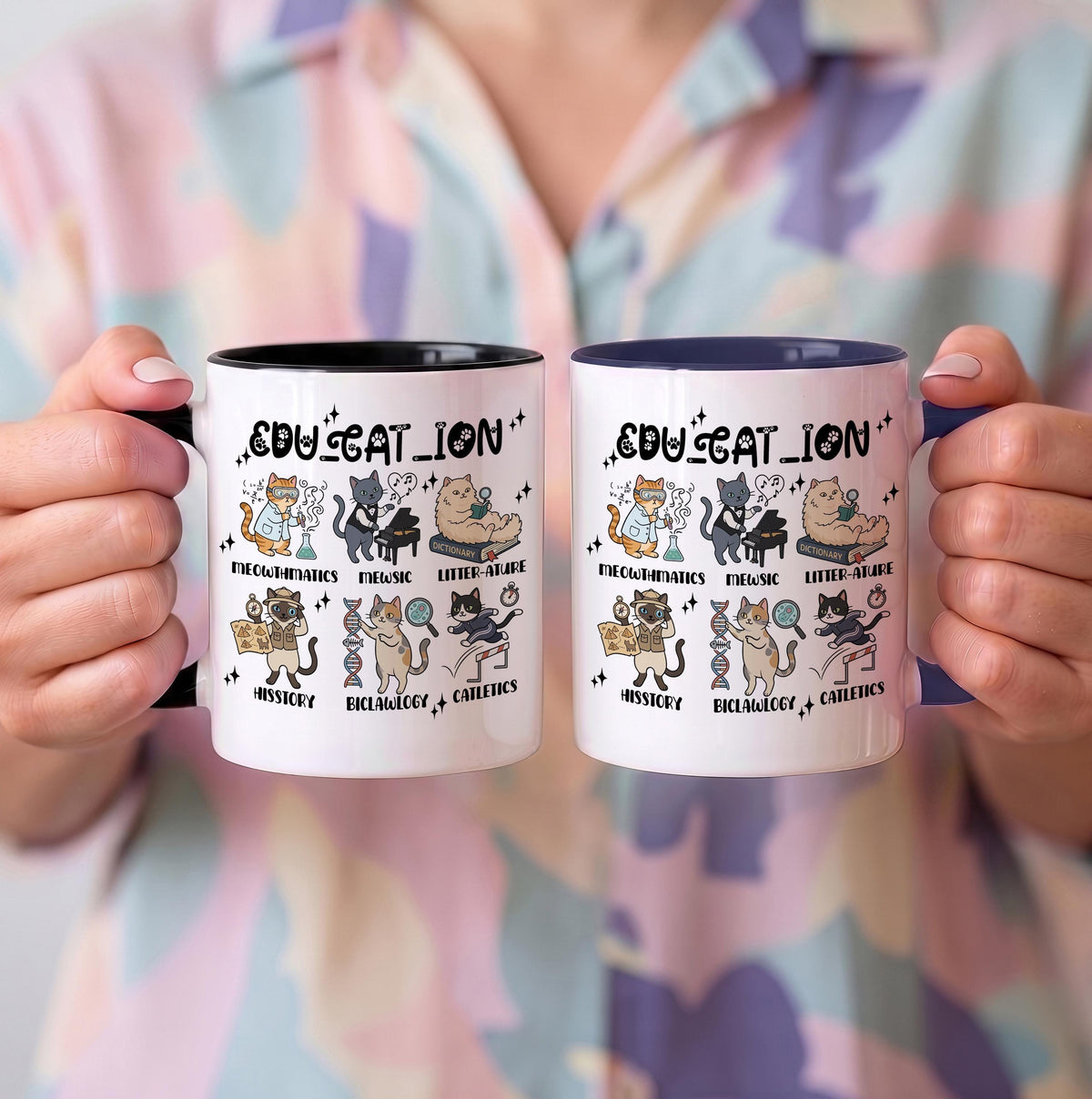 Funny Cat School Subjects Coffee Cup, Edu-cat-ion Cute Teacher Ceramic Mug
