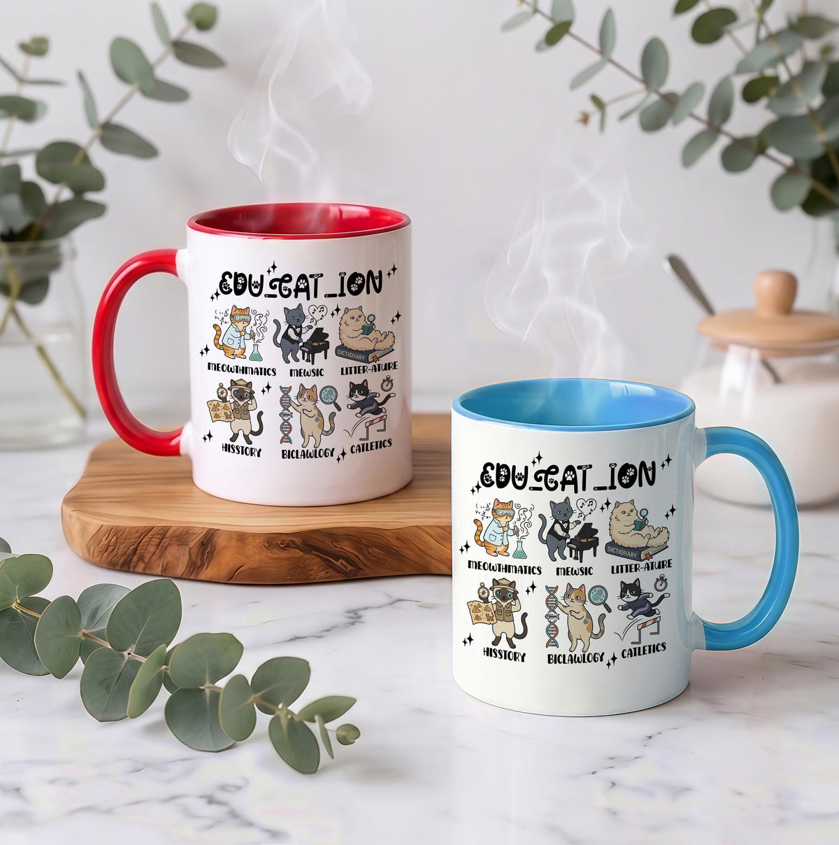 Funny Cat School Subjects Coffee Cup, Edu-cat-ion Cute Teacher Ceramic Mug