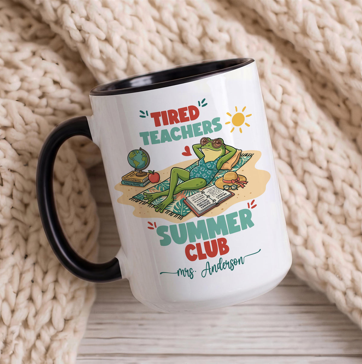 Custom Name Tired Teachers Summer Club Mug, Personalized Frog Teacher Ceramic Cup
