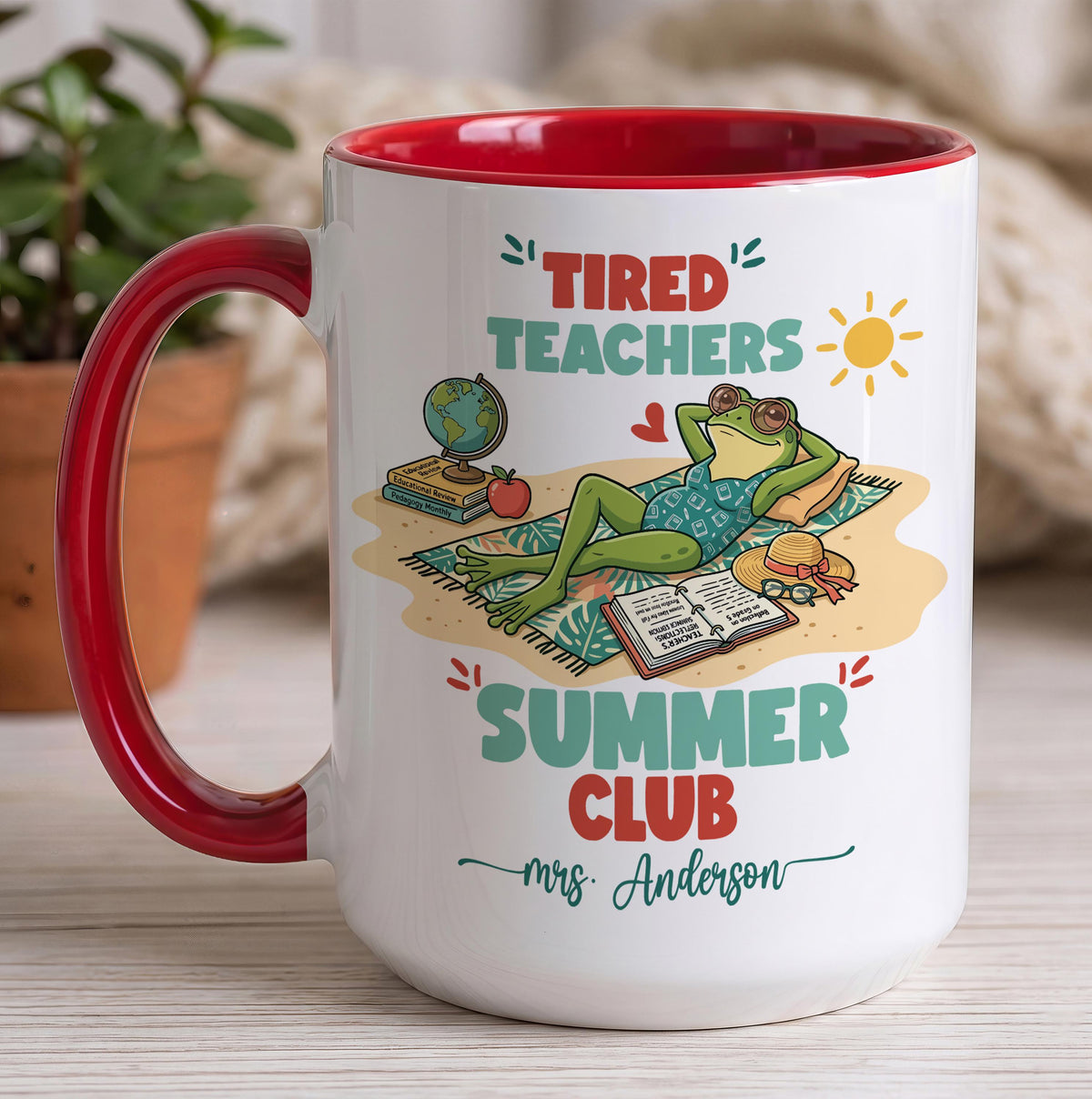Custom Name Tired Teachers Summer Club Mug, Personalized Frog Teacher Ceramic Cup