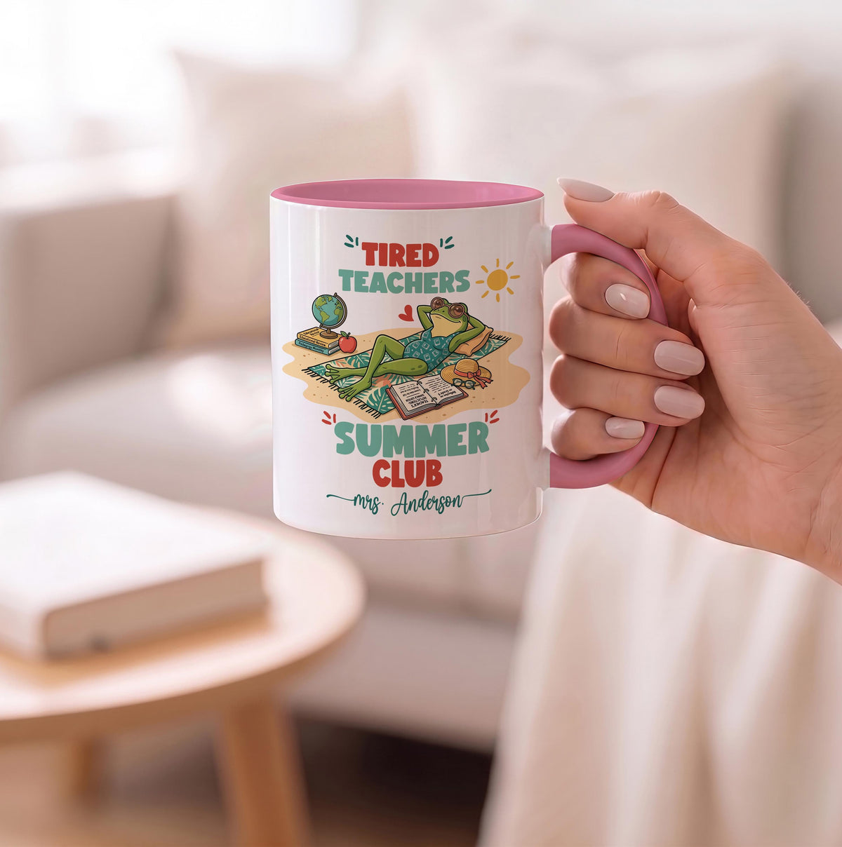 Custom Name Tired Teachers Summer Club Mug, Personalized Frog Teacher Ceramic Cup