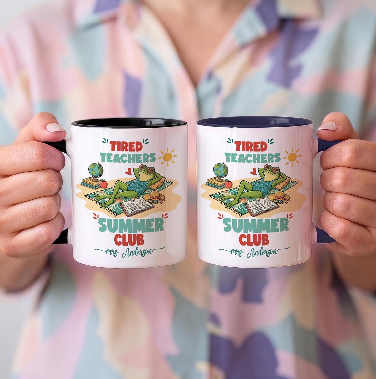Custom Name Tired Teachers Summer Club Mug, Personalized Frog Teacher Ceramic Cup