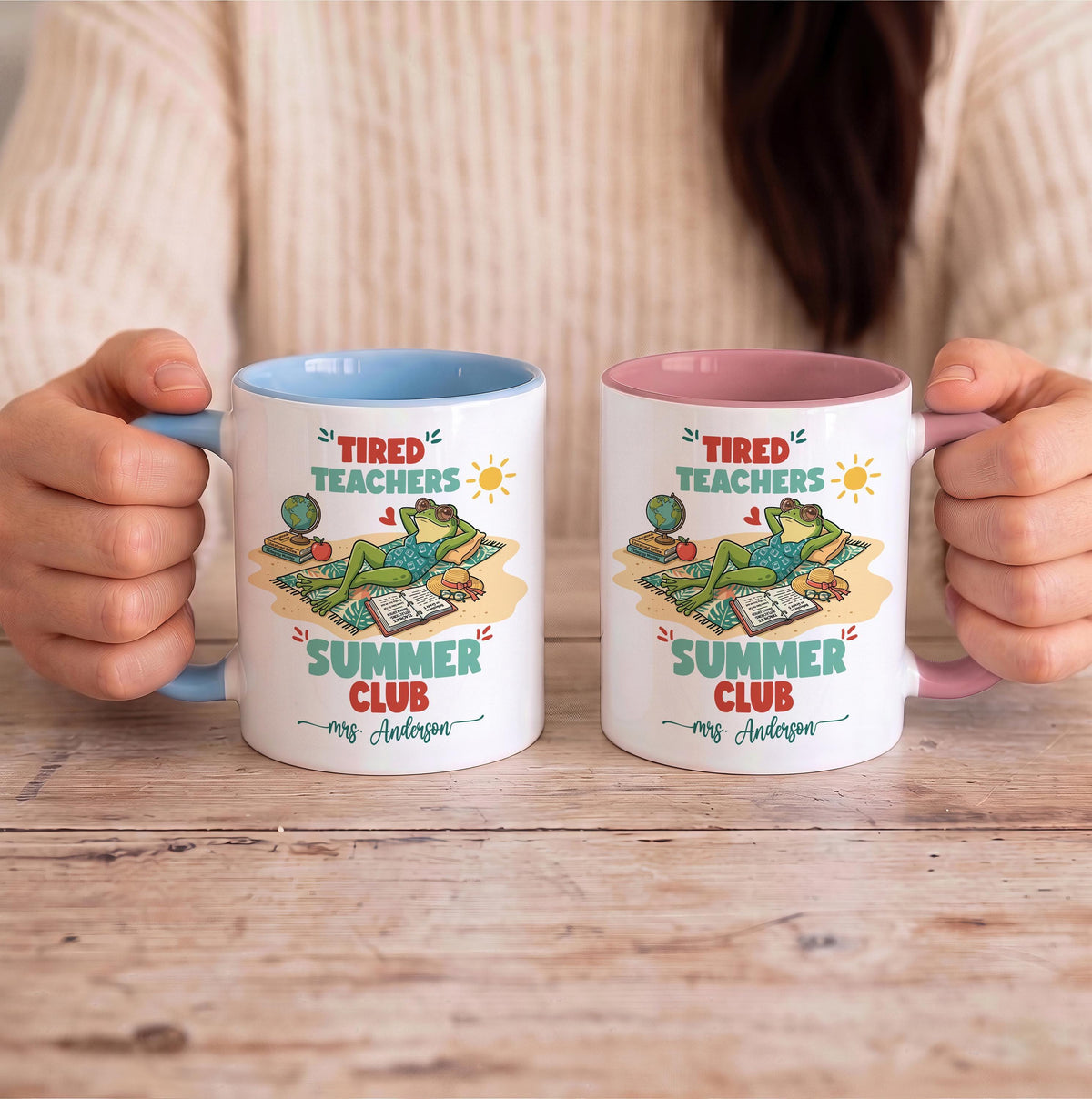 Custom Name Tired Teachers Summer Club Mug, Personalized Frog Teacher Ceramic Cup