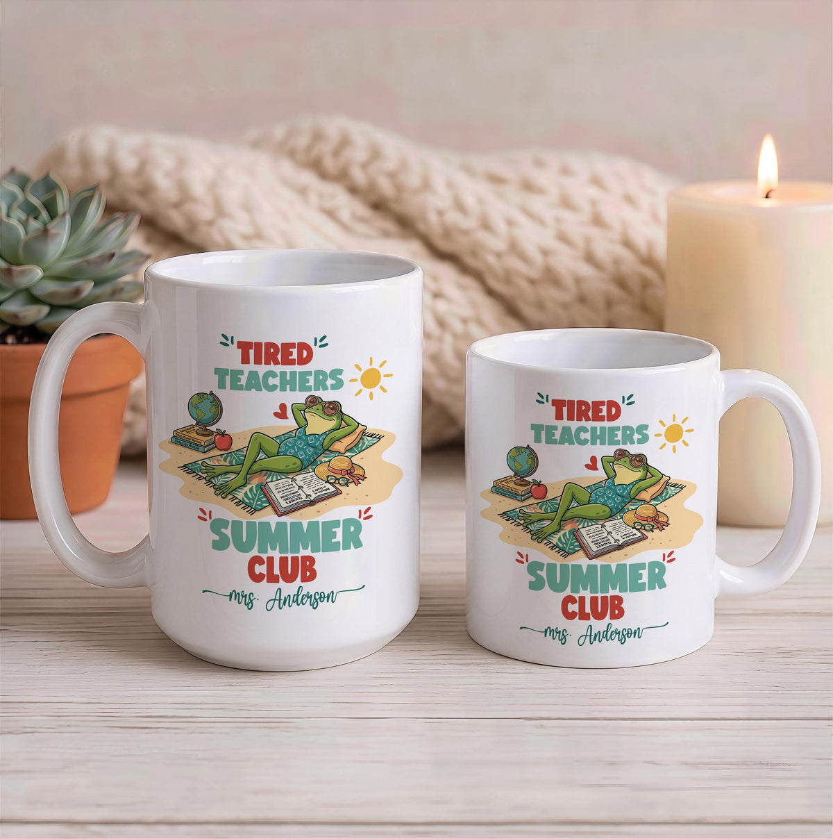 Custom Name Tired Teachers Summer Club Mug, Personalized Frog Teacher Ceramic Cup