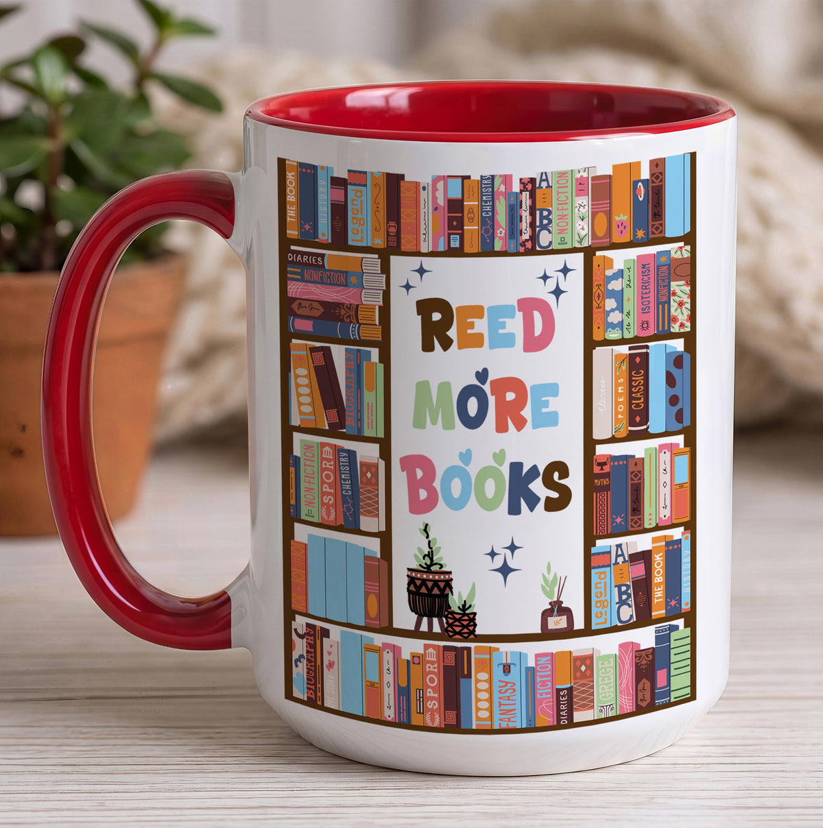 Read More Books Colorful Handle Ceramic Cup, Cute Bookshelf Reading Coffee Mug